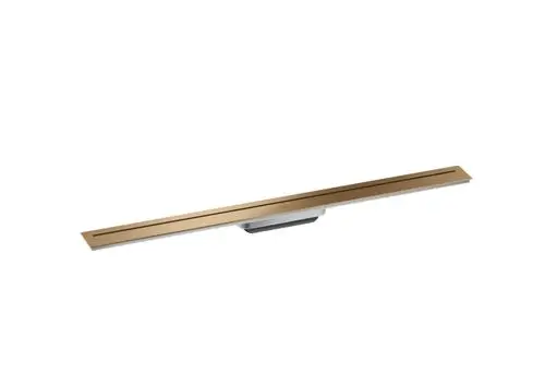 Duschrinne in Brushed Bronze Optik, gerade Form, ausgestattet mit einem zentralen Abfluss. Produkt von AXOR, geeignet für moderne Bäder.